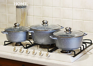 Набір каструль із гранітним покриттям 6 предметів BN-385 Сіро-голубий з білими вкрапленнями