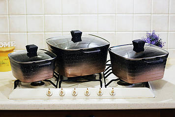 Набір каструль з мармурові покр. 6 предметів BN-369 градієнт Бежевий у чорний та білими вкрапленнями