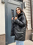 Жіноча чорна зимова куртка оверсайз із матової екошкіри з утеплювачем силікон 200, фото 2