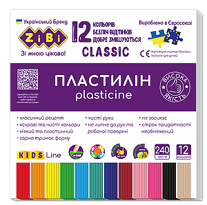 Пластилін CLASSIC 12 кольорів, 240г, KIDS Line