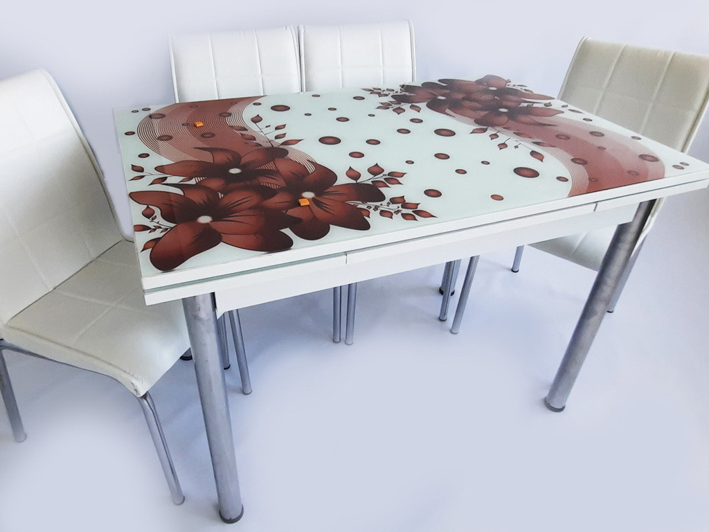 Комплект обідніх меблів "Квітка коричневий" (стол ДСП, гартоване скло + 4 стільці) Mobilgen, Туреччина, фото 1
