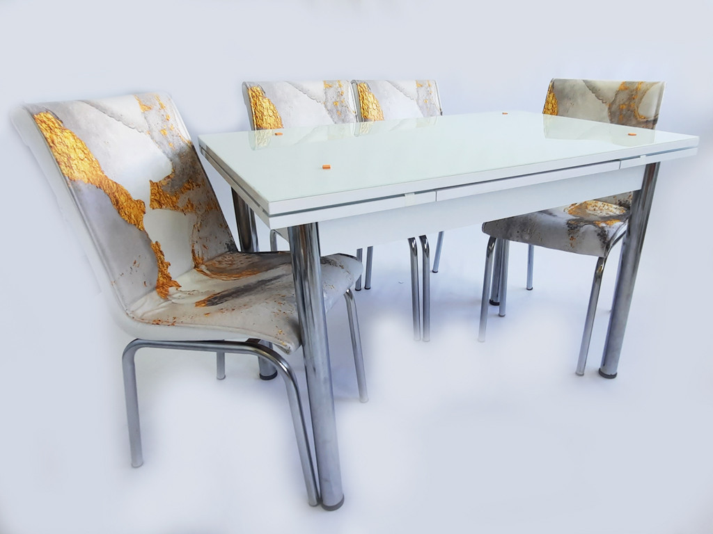 Комплект обідніх меблів "Beyaz" (стол ДСП, гартоване скло + 4 стільці) Mobilgen, Туреччина, фото 1