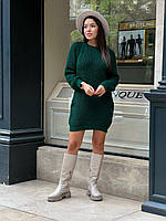 Женское вязаное платье мини, теплое, хорошо тянется, зеленое