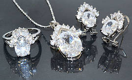 Набір: кулон на ланцюжку, сережки та каблучка 17р. Родій. Камені: білий циркон