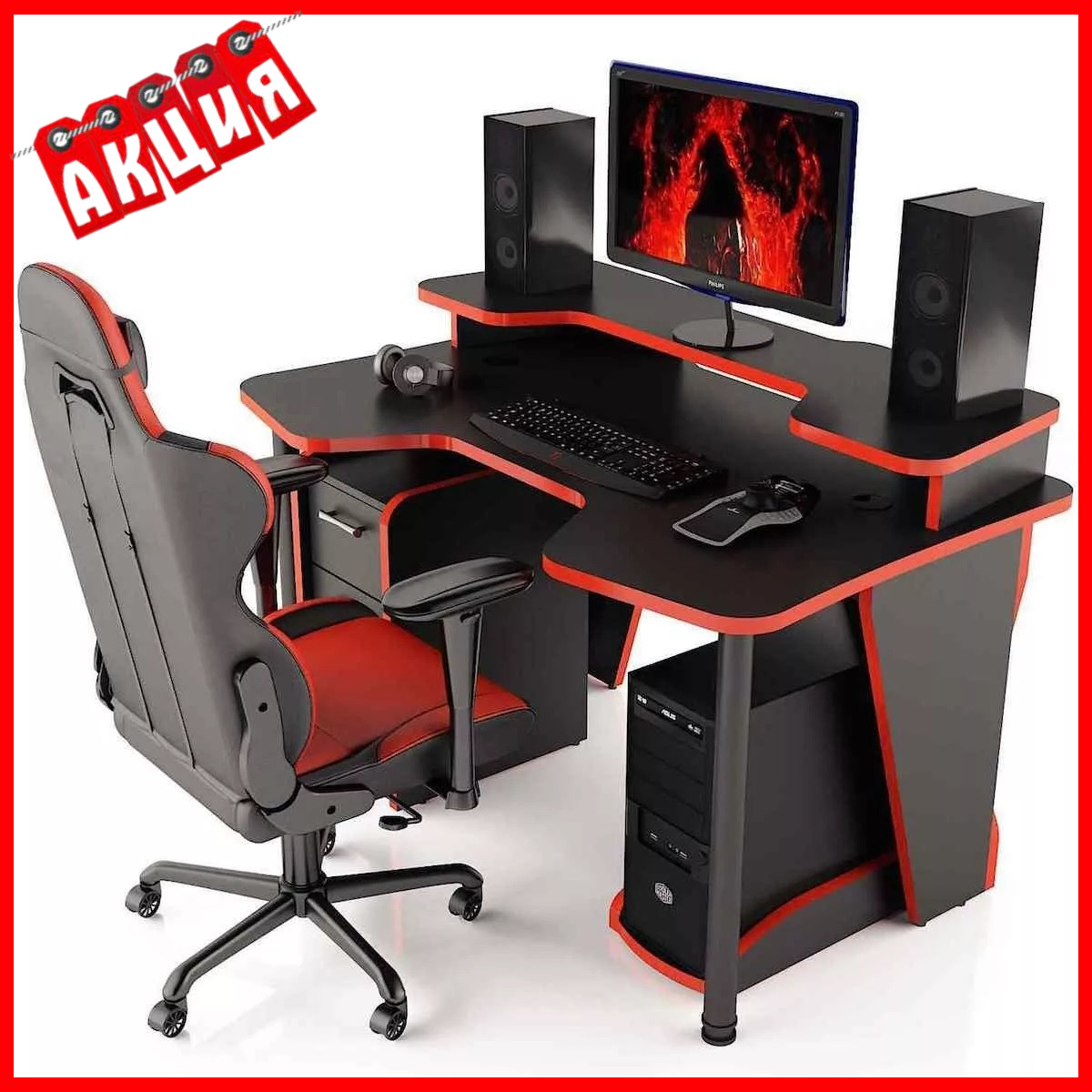 Геймерский стол COMFORT с тумбой красный 140 см, Столы для работы за ...