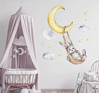 Наклейка виниловая на стену для детской комнаты "Зайчик на луне в облаках" - 72*58см
