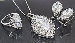 Набір: кулон на ланцюжку, сережки та каблучка 16р 17р 18р. Родій. Камені: білий циркон