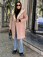 Женское двухстороннее пальто на кнопках плащевка с капюшоном мокко-молочное XS-S, M-L, XL-2XL, 3XL-4XL 54/56, Бежевый
