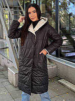 Женское двухстороннее пальто на кнопках плащевка с капюшоном мокко-молочное XS-S, M-L, XL-2XL, 3XL-4XL 46/48, Черно-молочный