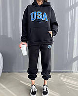 Спортивный костюм женский *USA* трехнитка на флисе 42-46; 48-52 (5цв) "GRAND FASHION" от прямого поставщика Черный, Oversize XL-3XL