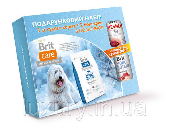Подарунковий набір корм Brit Care сухий для дорослих собак великих порід вагою від 25кг Бріт Кеа Едалт Лардж Брід з ягнятиною та, фото 1