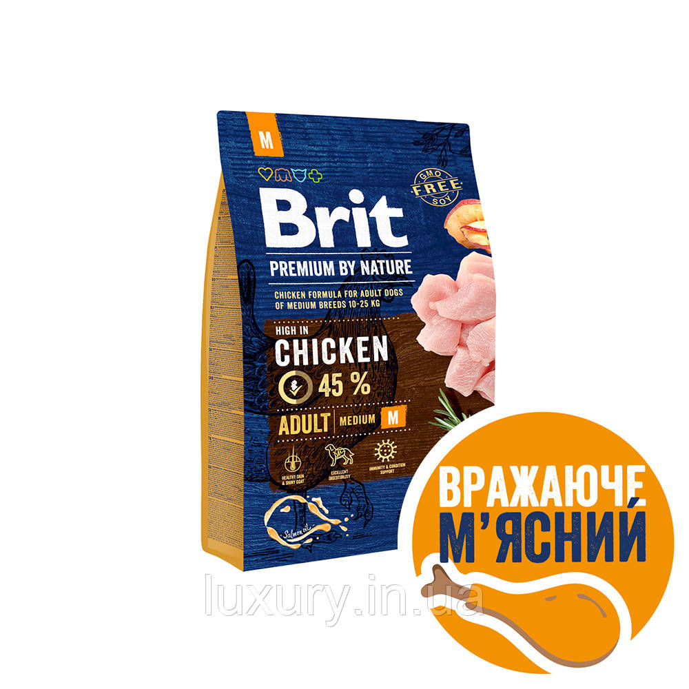 Корм Brit Premium сухий для дорослих собак середніх порід вагою 10-25кг Бріт Преміум Дог Едалт М з куркою 3кг арт.170816/526352