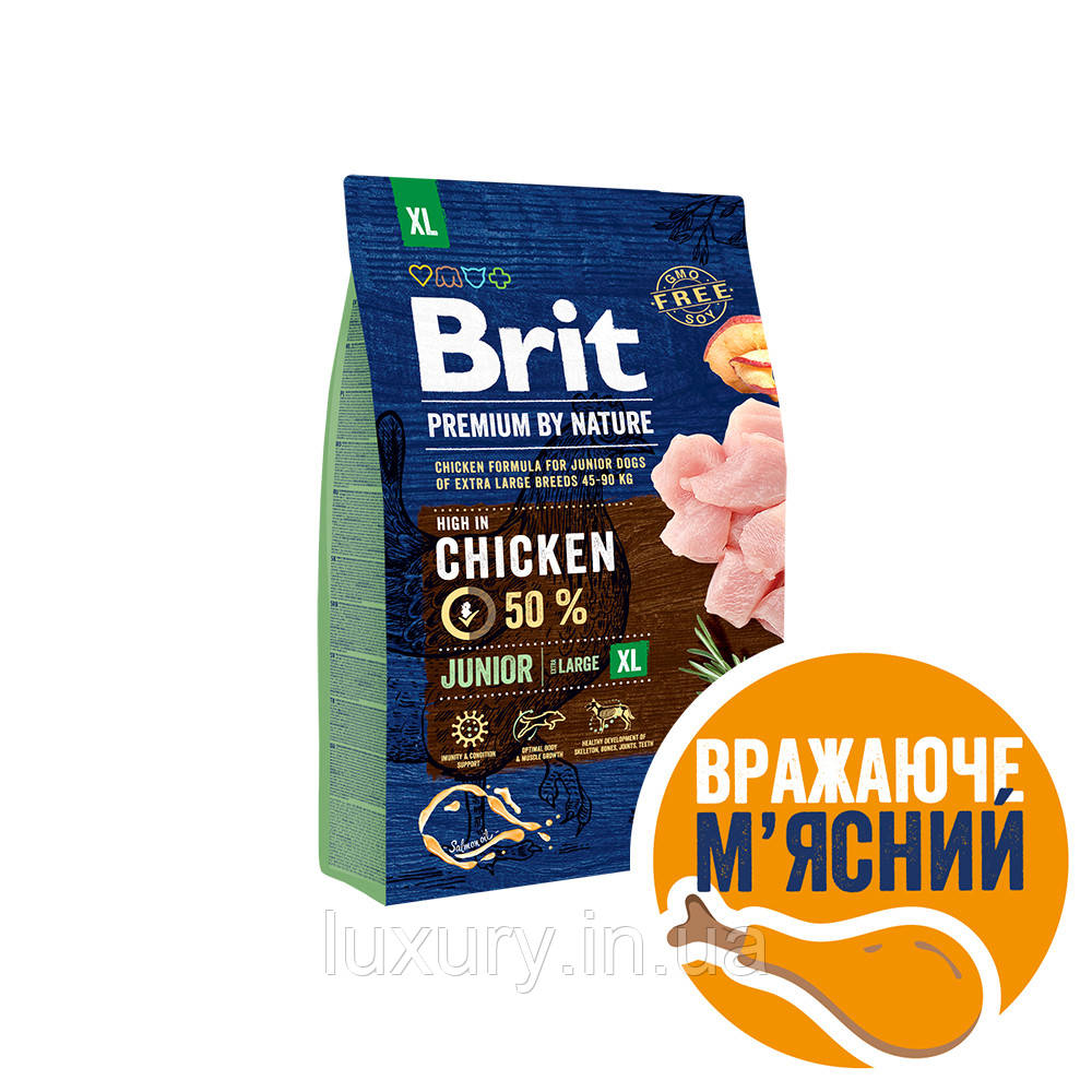 Корм Brit Premium сухий для цуценят і молодих собак гігантських порід вагою 45-90кг Бріт Преміум Дог Джуніор XL з куркою від 1 до