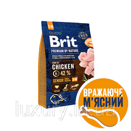 Корм Brit Premium сухий для собак дрібних та середніх порід вагою 1-25кг Бріт Преміум Дог Сеньйор S/M з куркою похилого віку 3кг, фото 1