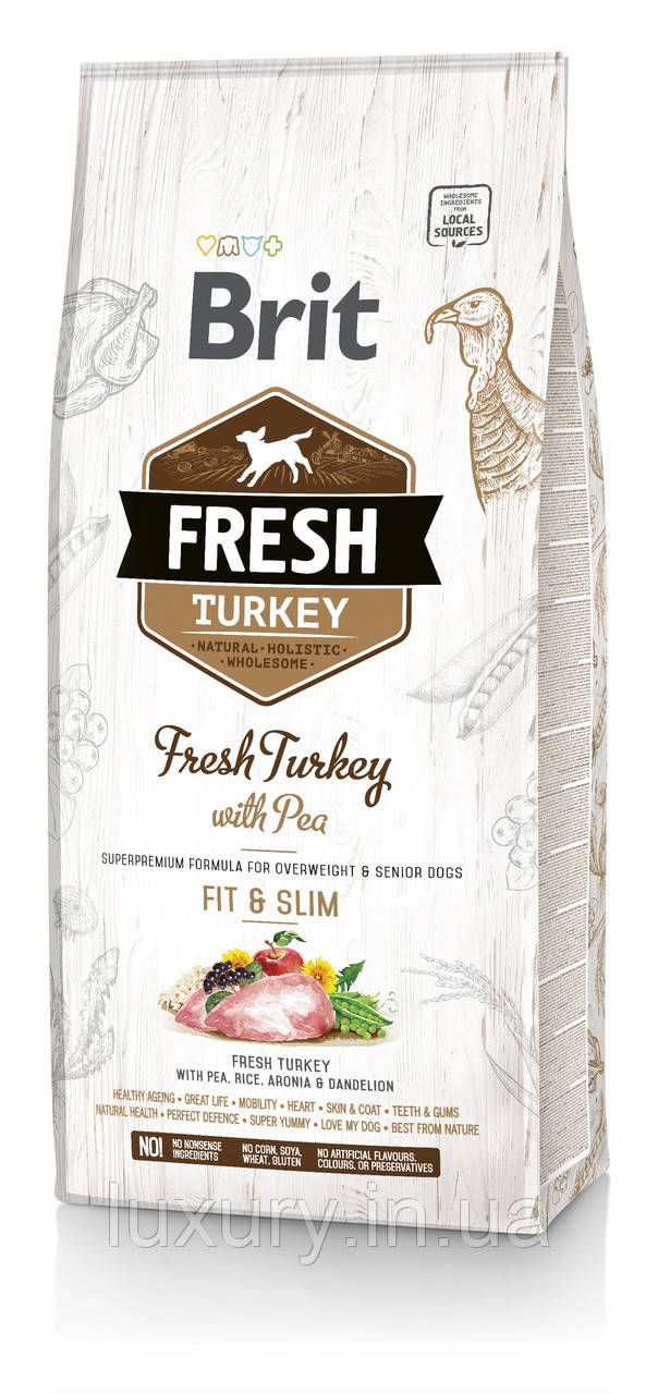 Корм Brit Fresh сухий для дорослих собак з низьким рівнем активності із зайвою вагою Бріт Фреш Лайт Фіт енд Слим Едалт з індичкою