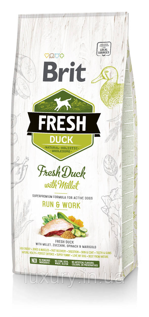 Корм Brit Fresh сухий для дорослих активних собак Бріт Фреш Ектів Ран енд Ворк з качкою та пшоном 12кг арт.170997/530816