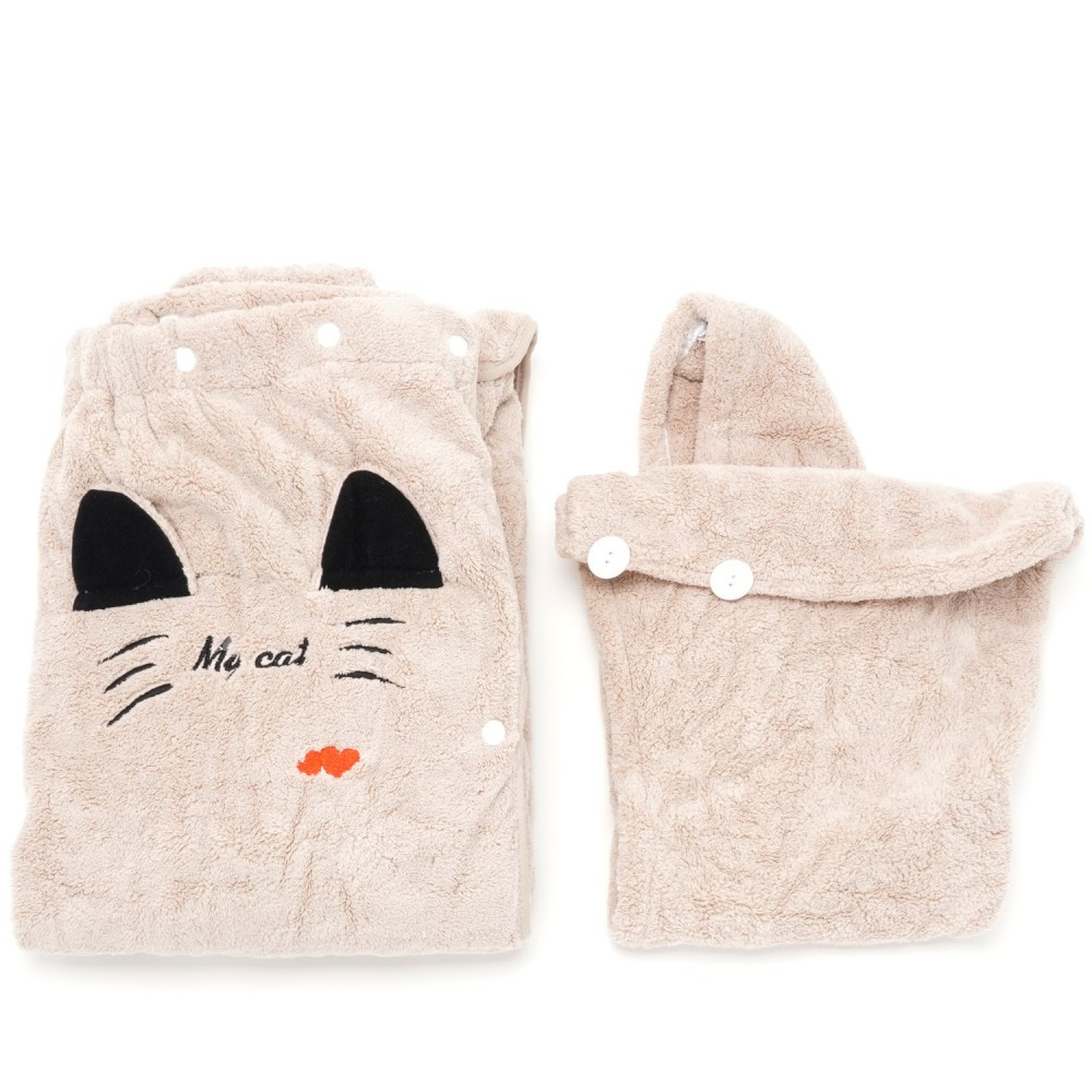 Набір жіночий Рушник — халат, чалма мікрофібра для сауни бані 140х80 см Котик Бежевий, фото 1