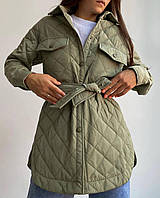 Стеганная женская куртка рубашка осень-зима (черная, хаки, бежевая) синтепон 150 + подкладка Хаки, 42/44