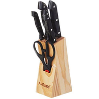 Набор ножей кухонных с ножницами 7 предметов A-plus Комплект кухонных ножей в деревянной подставке