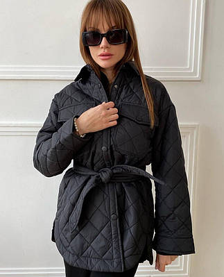 Стьобана жіноча куртка сорочка осінь-зима (чорна, хакі, бежева) синтепон 150 + підкладка
