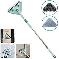 Швабра для миття вікон з телескопічною ручкою трикутна Сіро-зелена, щітка для вікон обертова (швабра для окон)