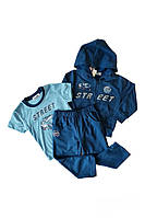 Детский спортивный костюм для мальчика комплект тройка кофта, брюки и футболка синий цвет 74-80 ВН-41