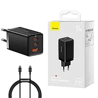 Зарядное устройство Basesus GaN5 Pro Fast Charger 65W 2C+U + кабель USB Type-C/Type-C 100W Black (CCGP120201)