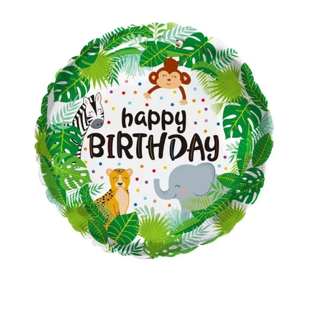 Фольгована кулька круг "Happy Birthday тваринки" зелена 18"(45см) 1шт.