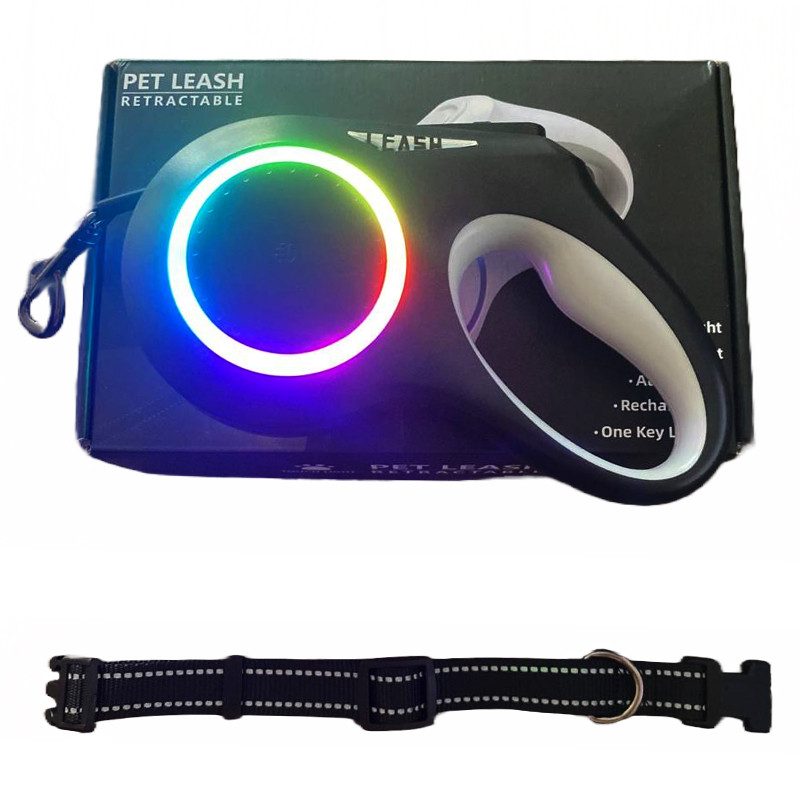 Автоматичний повідець рулетка для собак RGB Flexy Light Black 4м 25кг ліхтарик акумулятор + нашийник у подарунок