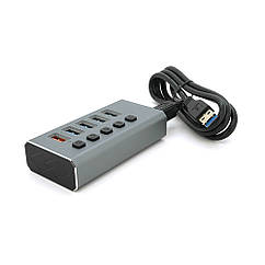 DR Хаб USB 3.0, 4 порти USB 3.0 + 1 порт QC 3.0, з перемикачами на кожен порт, DC5V3A, Black, BOX