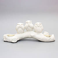 Подсвечник - Три совы на ветке, 20,2x7,3x9,3 см, белый, керамика (444250)