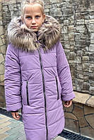 Зимнее пальто курточка экокожа на девочку модель 1, сиреневая 134