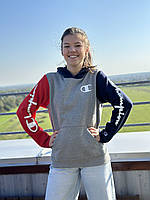 Худі з капюшоном утеплена флісом підліткова для дівчат Champion Y6821 сіро-червоно-синя з написами S (140-146)