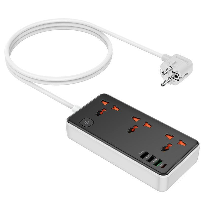 Подовжувач мережевий з USB HOCO AC8A Type-C QC 3 розетки 1.5 м Black (N020412)