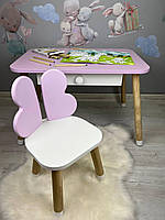 Столик детский прямоугольный с ящичком бело-розовый и стульчик бело-розовый Крылья