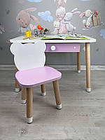 Столик детский прямоугольный с ящичком бело-розовый и стульчик бело-розовый Медвежонок