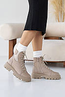 Ботинки зимние женские высокие бежевые стильные из натуральной кожи на шнуровке и молнии
