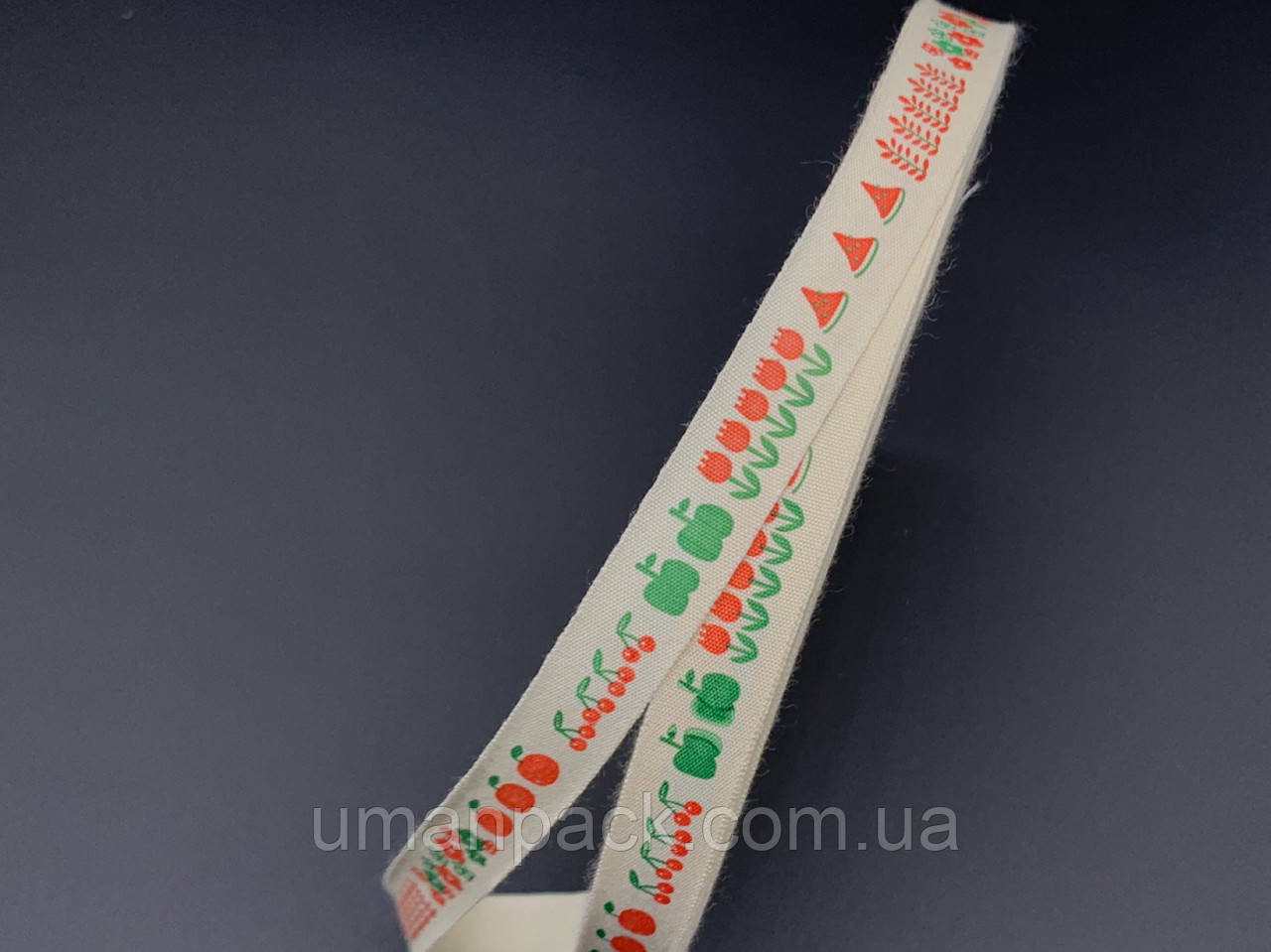 Стрічка декоративна з візерунком. Квіточки і фрукти. 1,5 см