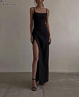 Женское длинное платье стильное модное с разрезом элегантное трендовый фит без рукавов черный