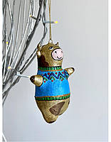 Ялинкова іграшка скульптурна "Бичок в блакитному светрику" ручної роботи, handmade милий етнічний декор