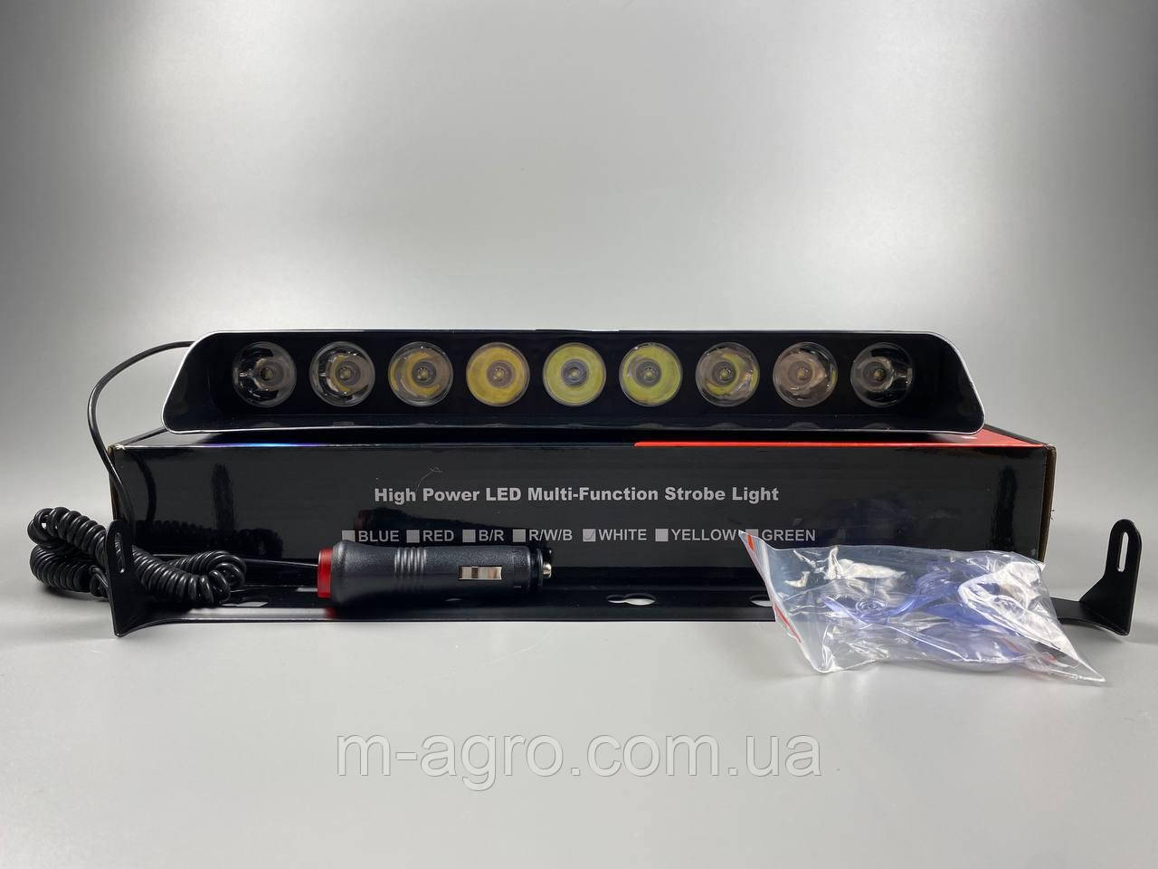 Маячок проблисковий F1 (стробоскоп) 9-80V (9 led діодів) білий спалах (під скло) 390мм х 120мм х 60мм