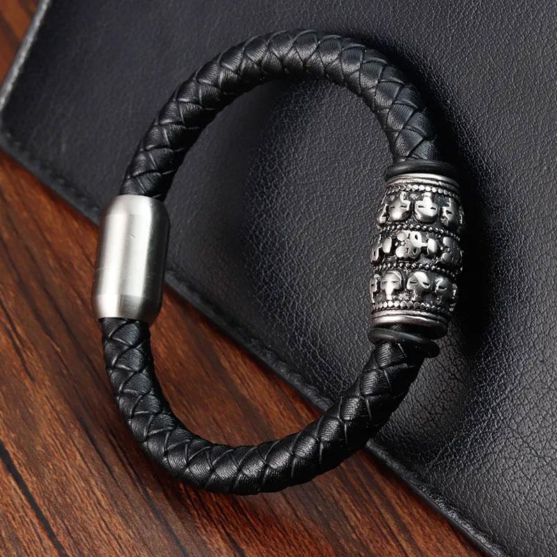 Браслет чоловічий шкіряний AZTEC SKULL чорний плетений 15-17 см (довжина 19 см)