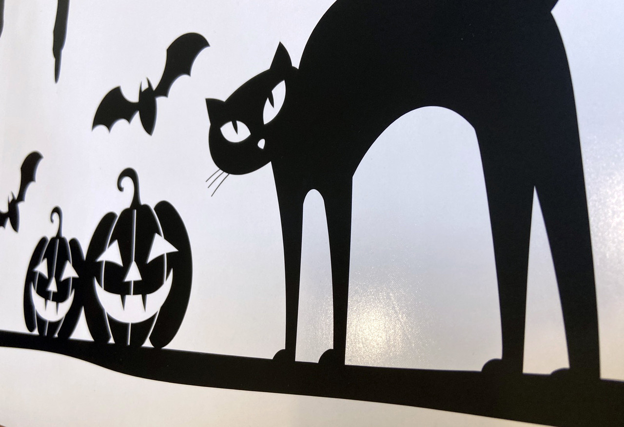 Виниловая наклейка на стену Кот на метле (наклейки Хэллоуин тыквы метла летучие мыши) Размер М матовый Черный - фото 9 - id-p1970644979
