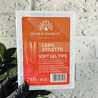 Гелеві типси для нарощування нігтів Global Fashion форма Long Stiletto довгий стилет упаковка 240 шт