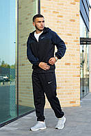 Мужской осенний спортивный костюм Nike черный с синим на флисе теплый зимний