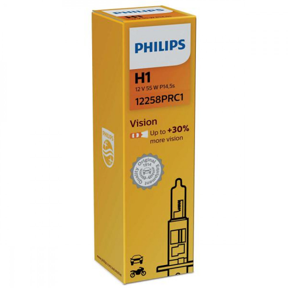 Лампа 12V H1 55W + 30% Premium "Philips" (1шт) (12258PRC1)