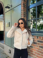 Модная дубленка барашек с мехом короткая женская базовая теплая укороченная куртка замша Молочный, 42