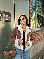 Модная дубленка барашек с мехом короткая женская базовая теплая укороченная куртка замша