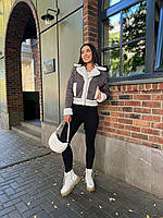 Модная дубленка барашек с мехом короткая женская базовая теплая укороченная куртка замша Графит, 46