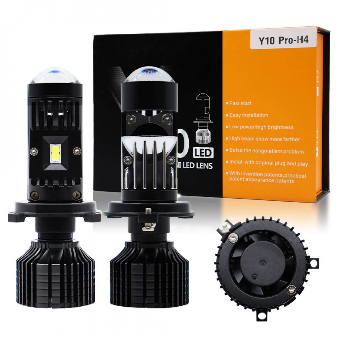 Лампи автомобільні LED H4 Лінзи D18мм 60W/16000LM/6000K 3570 Module 9-30V Canbus Y10Pro
